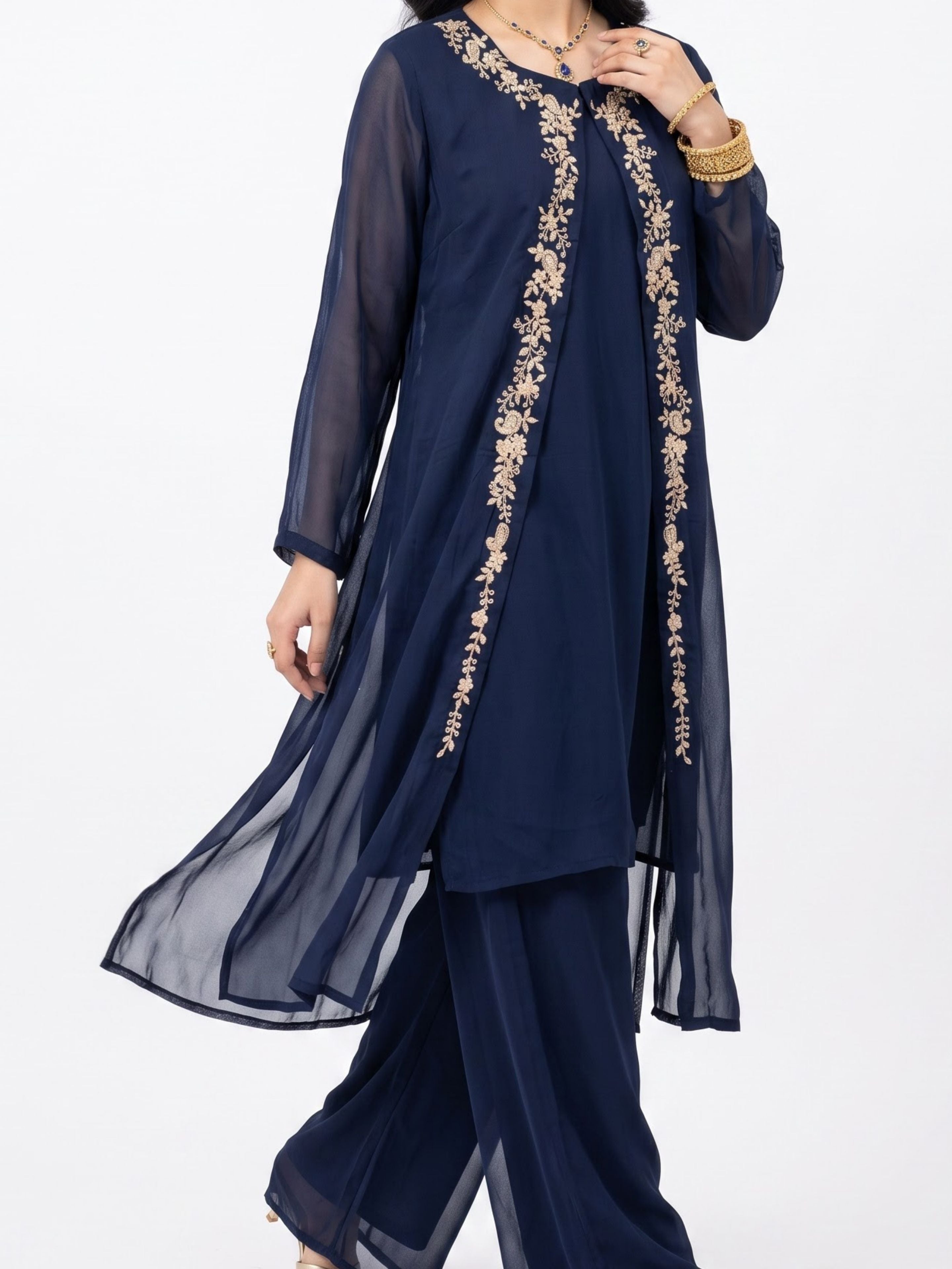 Navy Blue Chinon Shirt, Palazzo, Shrug And Dupatta with Cutdana, Sequins, Pearl and Dabka Embroidery 2